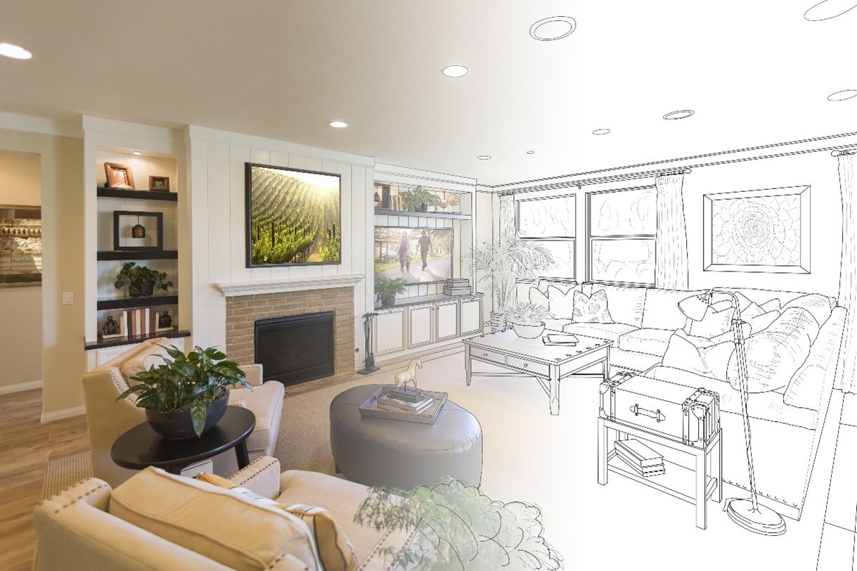 Illustration of a home remodel that transitions into the vision coming to life in an image of a living room with fireplace