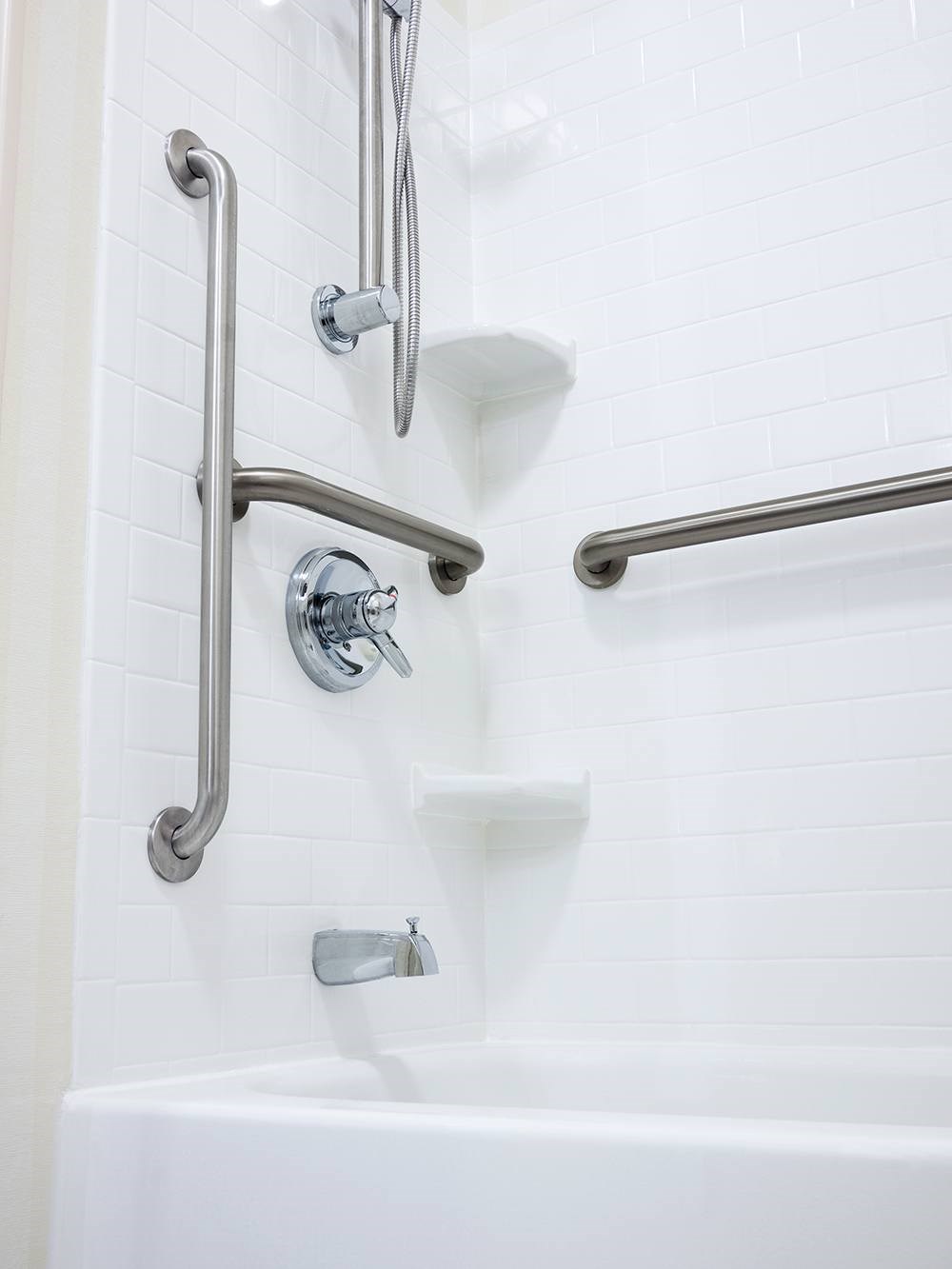 Shower with handrails for aging in place package Shower with handrails for aging in place package