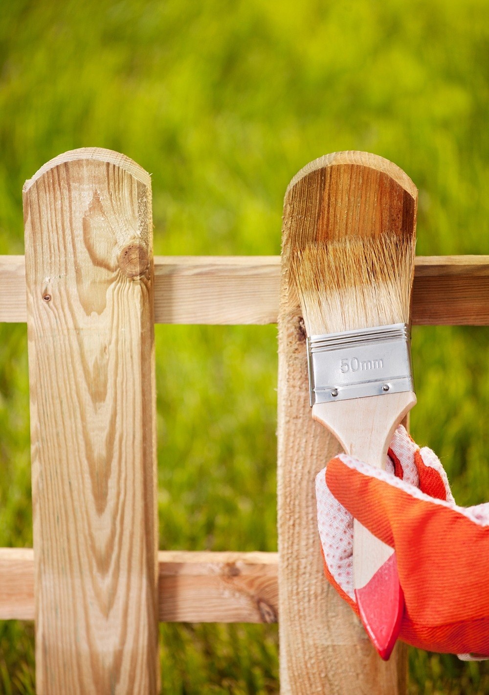 Image of someone staining a wooden fence with a brush