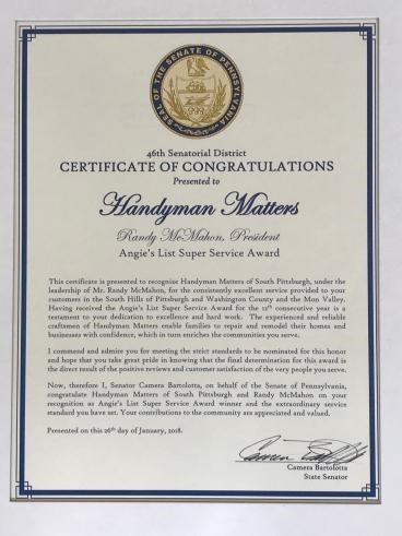Handyman Matters receives Certificate of Congratulations  from Senator Bartolotta