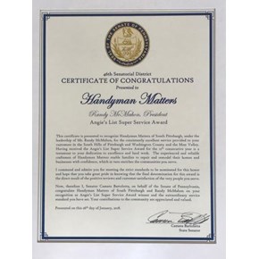 Handyman Matters receives Certificate of Congratulations  from Senator Bartolotta