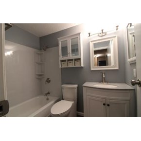 Bathroom remodel in New Albany, Ohio using Onyx Collection Products for the shower surround and counter with integrated sink. 