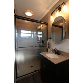 Bathroom Remodel in Columbus, Ohio with Onyx Collection products for shower surround, base, and counter with integrated sink