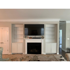 New twin shelving units built in to match Kitchen cabinets with shiplap backing - Atwater