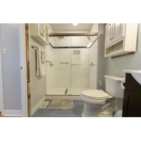 Walk in Double shower with lateral drain and dual rain showers with safety grab bars 