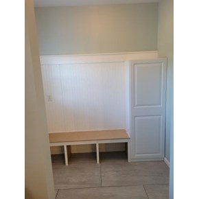 Plain mudroom now has utility - cabinets and bench!