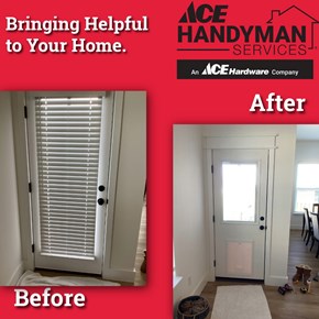 Before and after exterior door with installed pet door in springdale