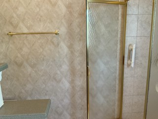 Bathroom before grab bar installation, showing existing gold shower door and gold towel rod without added safety supports.