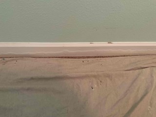 Moisture-damaged baseboards with visible swelling before professional repair.