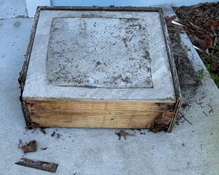 Cement podium with rotted wood trim before repair, showing damaged areas needing replacement for exterior lawn decor.