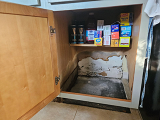 A leaky fridge all summer long cause this cabinet to give way