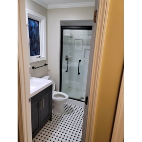 Ace Handyman Services of Lincoln Way replaced subflooring, tile, vanity, trim and a toilet 