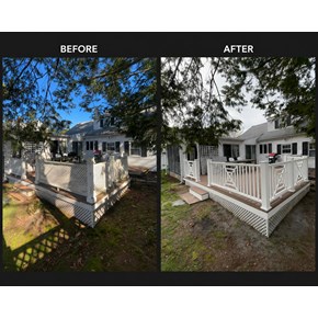 We replaced the deck railings for our customer in Medford. We installed a PVC railing system including square web decorative panels for a fresh new look.