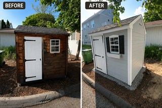 We gave this shed an update including repairing the door, replacing some rotted trim, clearing moss off the roof, adding wire mesh around the perimeter to keep the critters out and gravel to help drainage. 