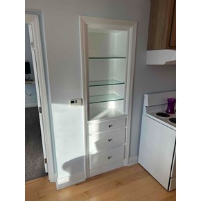 custom cabinetry, built-in cabinet, glass shelves, ace handyman services bloomfield