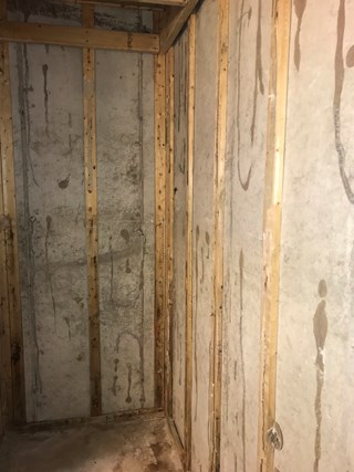 Bathroom was gutted to remove mold.  Drywall and shower needed to be torn out in this condo in Cascade, Michigan