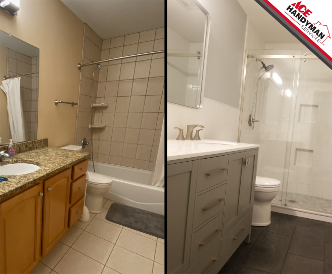 A collage of side-by-side images showing a bathroom before it is refreshed on the left, and the same bathroom after it is refreshed on the right. A collage of side-by-side images showing a bathroom before it is refreshed on the left, and the same bathroom after it is refreshed on the right.