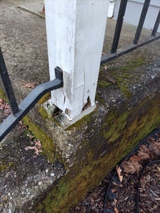 Damaged pillar in Saratoga in need of repair.