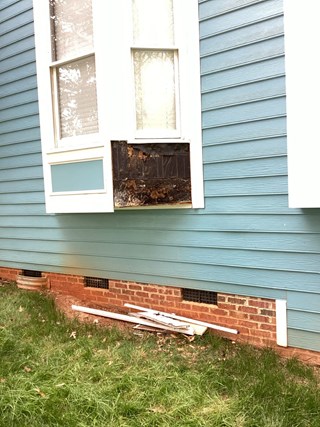 A close-up of the side of a house, showing the lower part of a bay window with visible damage to the wood beneath it. The wood is rotting, with some dark discoloration and deterioration.