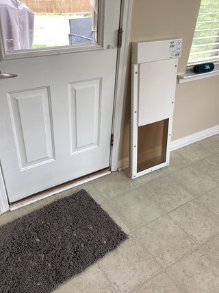A door with a doggy door frame attached next to it. The doggy door frame is white and uninstalled, with an open space in the middle.