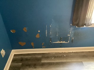 A section of wall with peeling paint and damaged drywall. There are several areas where the paint has come off, and the drywall underneath is exposed. The damage appears to be significant, with the area near the window showing the most wear.