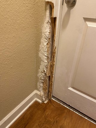 Door frame with significant damage due to dog chewing.  