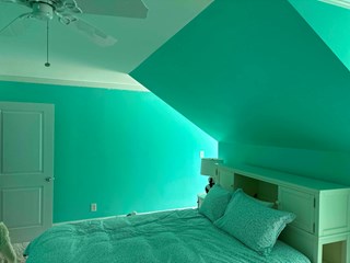 Bedroom with bright teal-colored walls and ceiling,