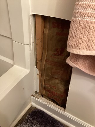 f drywall in a bathroom that has been removed, exposing the insulation behind it.