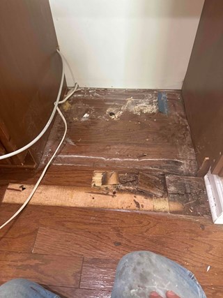 A section of wooden flooring under the dishwasher cabinet with extensive wood rot and damage. 