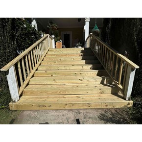 Newly installed wooded deck stairs. 