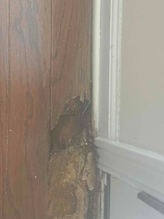 Corner of a door with noticeable water damage to the wooden floorboards.