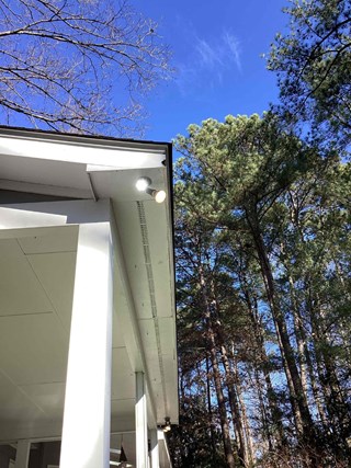 Damaged soffit from animal damage showing wood rot. 