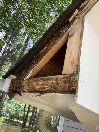 Visible wood rot on fascia requiring professional carpentry repair in Fuquay Varina NC 27526