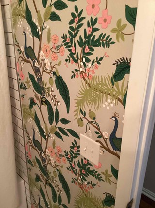 A wall with a detailed floral wallpaper pattern but no towel bar installed.