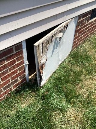 a damaged crawlspace door, with part of the door hanging off and the wood visibly broken. 