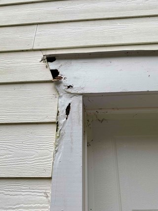 Close-up of a damaged exterior door trim with severe wood rot. The white trim and siding around the door have visible cracks, peeling paint, and areas where the wood has deteriorated, exposing dark, decayed sections.