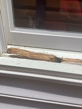 Wooden window frame that has visible damage and rot. The wood is cracked and deteriorated near the bottom of the frame, with exposed, damaged wood that looks soft and weathered.