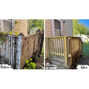 Before and after photo of backdoor wood staircase and railing rebuild in Columbus, Ohio — ivy-damaged rotting railing replaced with new safe wood railing by Ace Handyman Services.