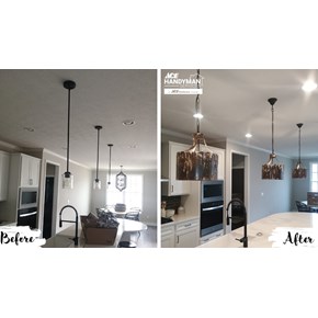Before and after kitchen pendant light and ceiling update in Gahanna Ohio by Ace Handyman Services East Columbus