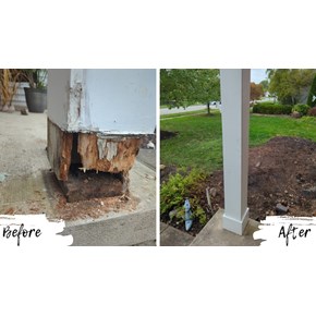 Before and after photo of rotted porch post repair in Columbus, Ohio — severely wood-rotted column base replaced and repainted by Ace Handyman Services