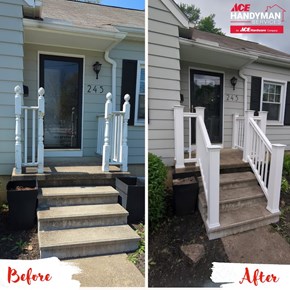 Before and after photo of front porch railing replacement in Westerville, Ohio — old chipped wood railing replaced with new white vinyl railing by Ace Handyman Services