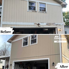 Before and after photo of exterior trim and siding repair in Westerville, Ohio — damaged rotted trim above garage replaced and repainted to match home exterior by Ace Handyman Services