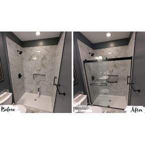Before and after photo of frameless sliding glass shower door installation in Westerville, Ohio — open shower enclosed with black-framed glass door by Ace Handyman Services