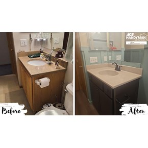 Before and after photo of bathroom vanity remodel in Galena, Ohio — outdated oak vanity and faucet replaced with new dark vanity, oil-rubbed bronze fixtures, and refreshed walls by Ace Handyman Services