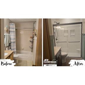 Before and after photo of bathroom remodel in Galena, Ohio — outdated tub and shower combo converted to walk-in shower with Onyx Collection surround and glass door by Ace Handyman Services.