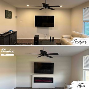 Before and after photo of shiplap accent wall and electric fireplace installation in Galena, Ohio — plain living room wall transformed with shiplap, mounted TV, and built-in electric fireplace by Ace Handyman Services.