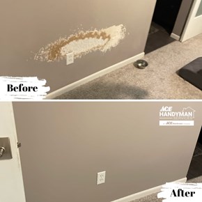 Before and after photo of drywall repair and paint touch-up in hallway — damaged wall patched, sanded, and repainted seamlessly by Ace Handyman Services in Columbus, Ohio.