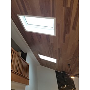 Ace Handyman Services installed wood planks on this vaulted ceiling in Westerville, Ohio.