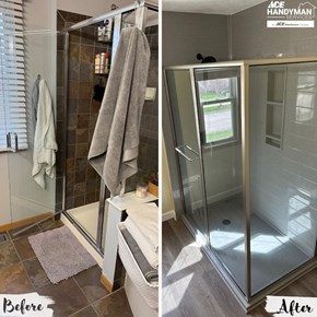 Before and after Onyx Collection shower remodel with seamless wall surround in Marysville Ohio by Ace Handyman Services Northwest Columbus