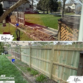 Before and after wood privacy fence rebuild in Columbus Ohio by Ace Handyman Services Northwest Columbus